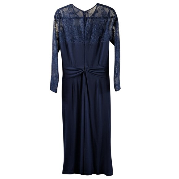David Meister Full Length Long Sleeve Lace and Jersey Navy Gown  14 - Picture 3 of 11